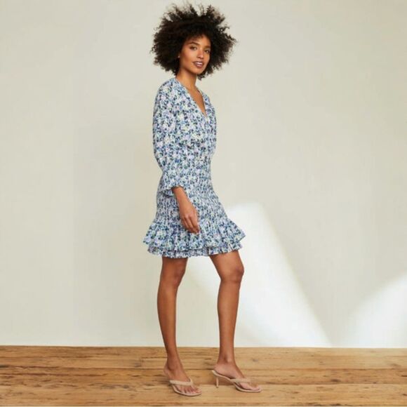 Veronica Beard Darrah Smocked Dress‎ Size 0 Floral Minidress V-Neck Ruffle Hem - Picture 1 of 14